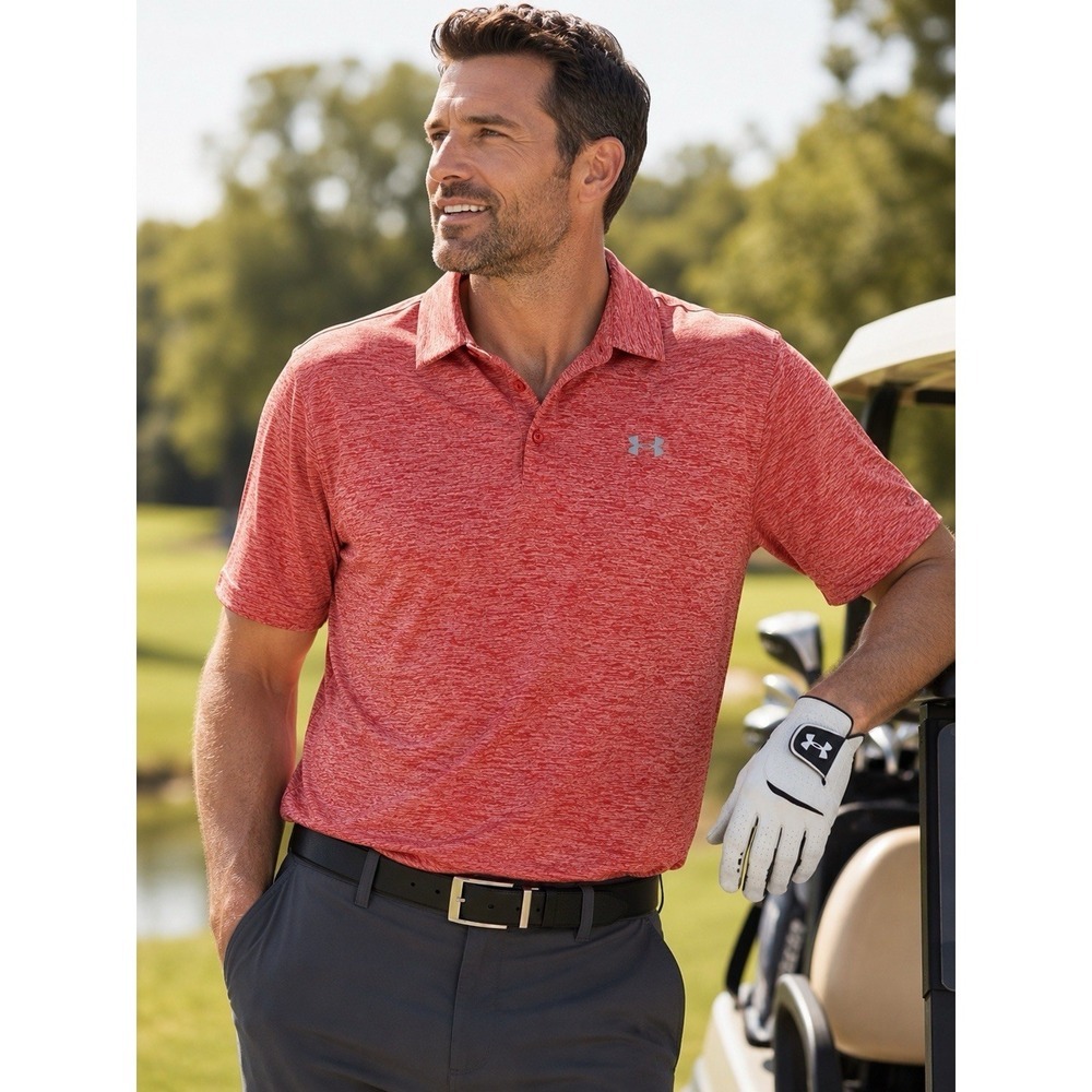 Under Armour Polo Shirt Mens XL Red HeatGear Golf Performance Heather Stretch